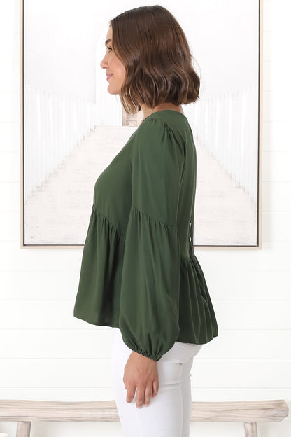 Grace Top - V-Neck Button Decal Long Sleeve Smock Top in Olive