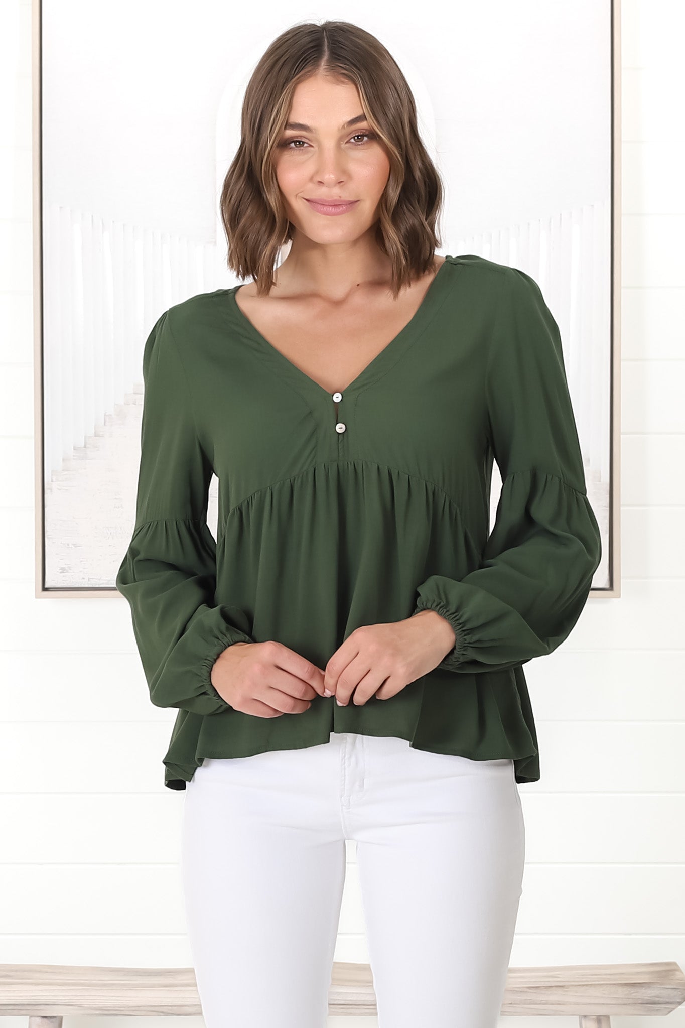 Grace Top - V-Neck Button Decal Long Sleeve Smock Top in Olive