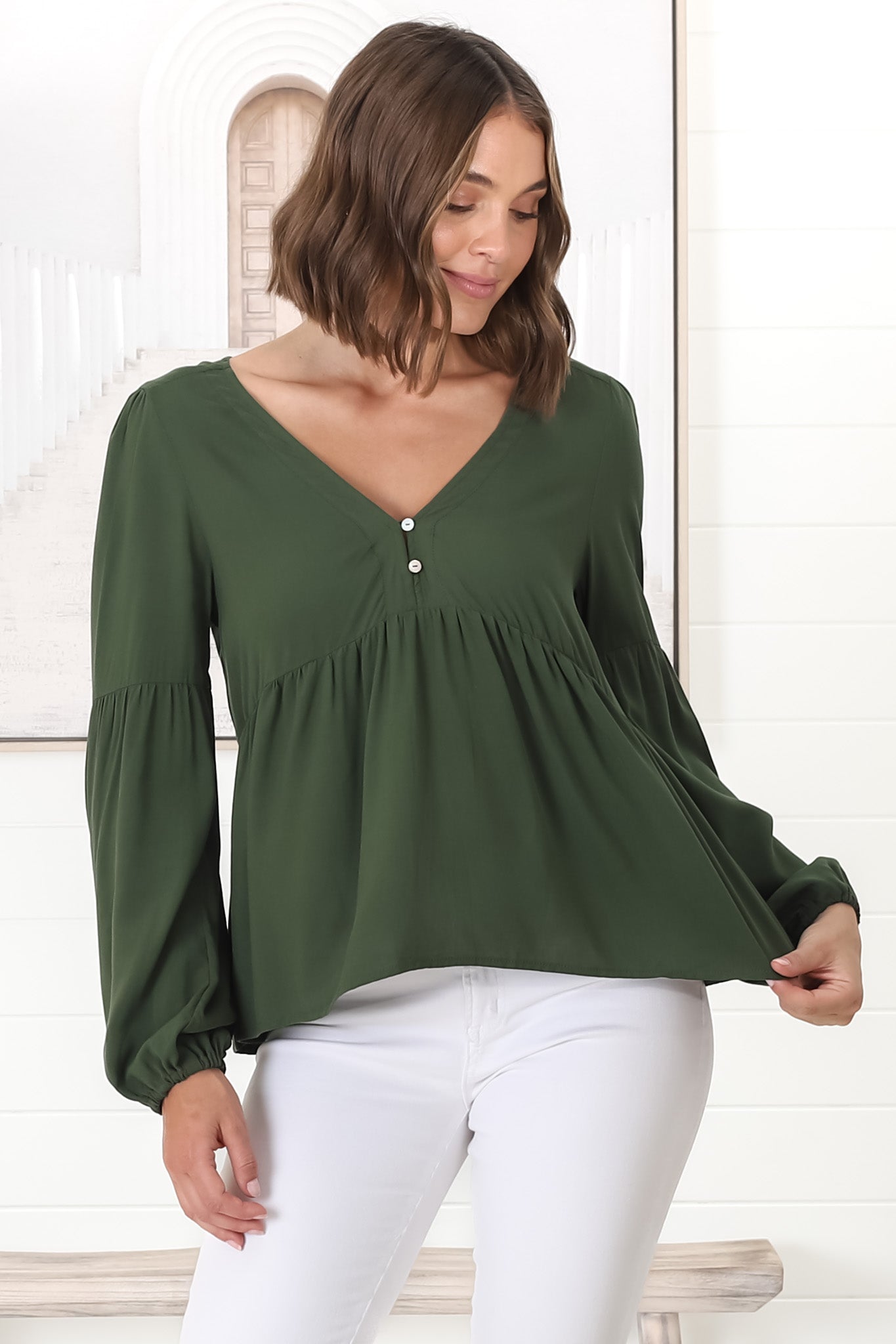 Grace Top - V-Neck Button Decal Long Sleeve Smock Top in Olive