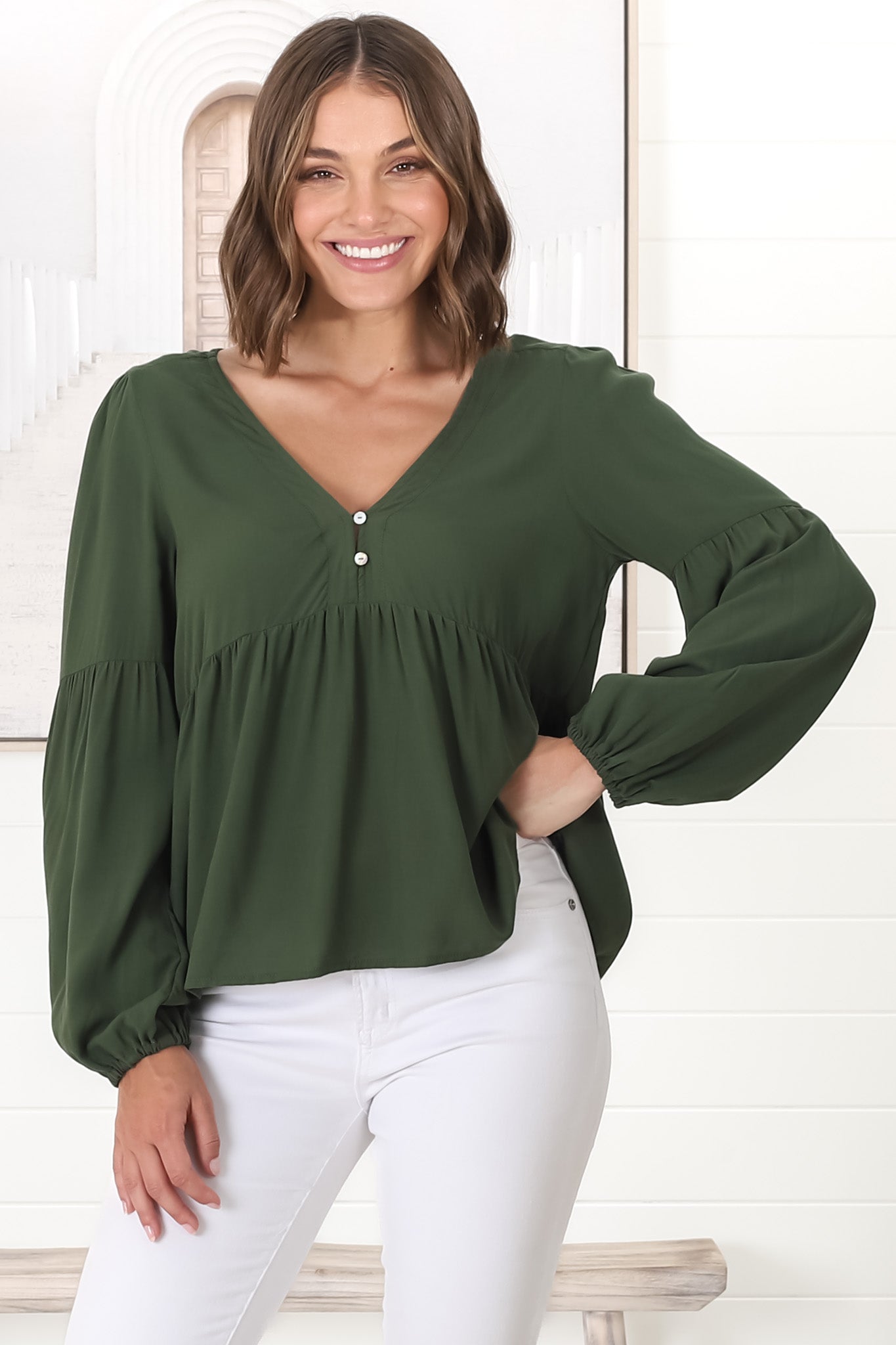 Grace Top - V-Neck Button Decal Long Sleeve Smock Top in Olive