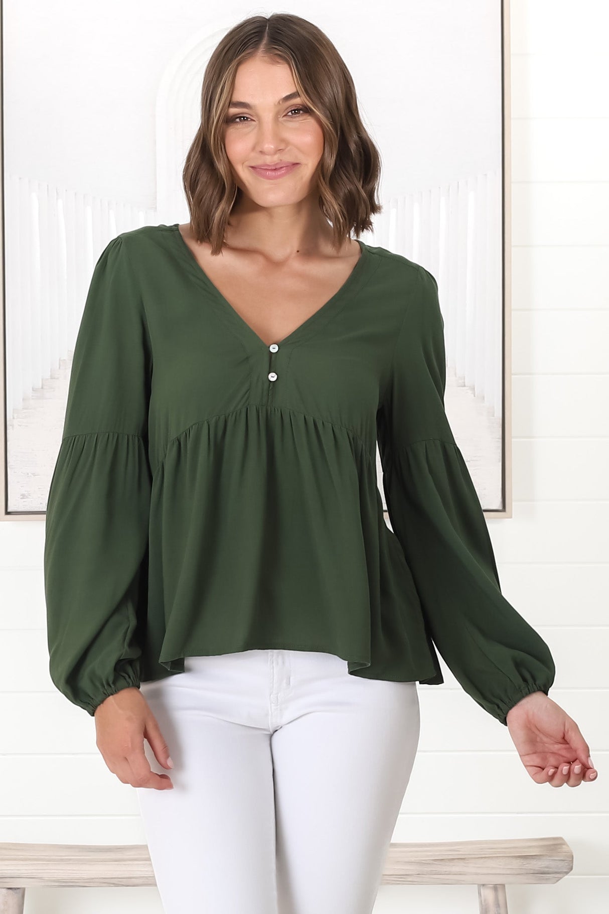 Grace Top - V-Neck Button Decal Long Sleeve Smock Top in Olive