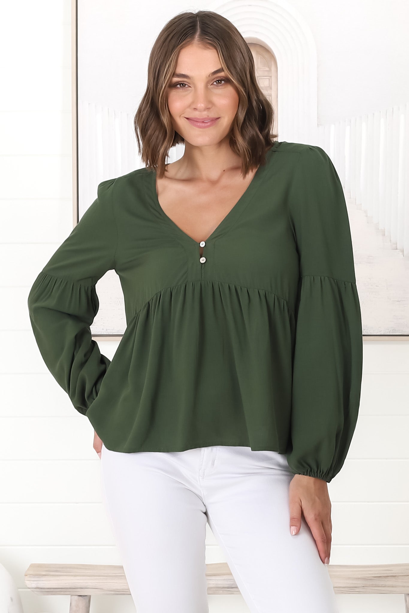 Grace Top - V-Neck Button Decal Long Sleeve Smock Top in Olive