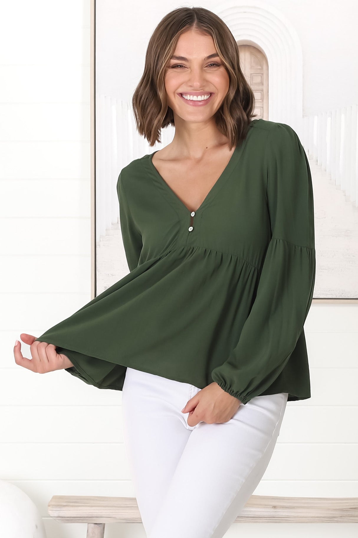 Grace Top - V-Neck Button Decal Long Sleeve Smock Top in Olive