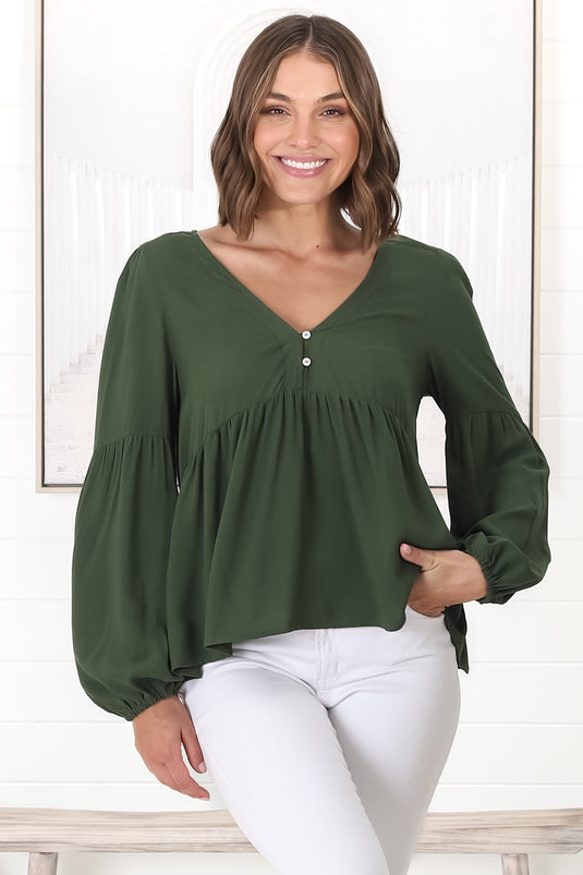 Grace Top - V-Neck Button Decal Long Sleeve Smock Top in Olive