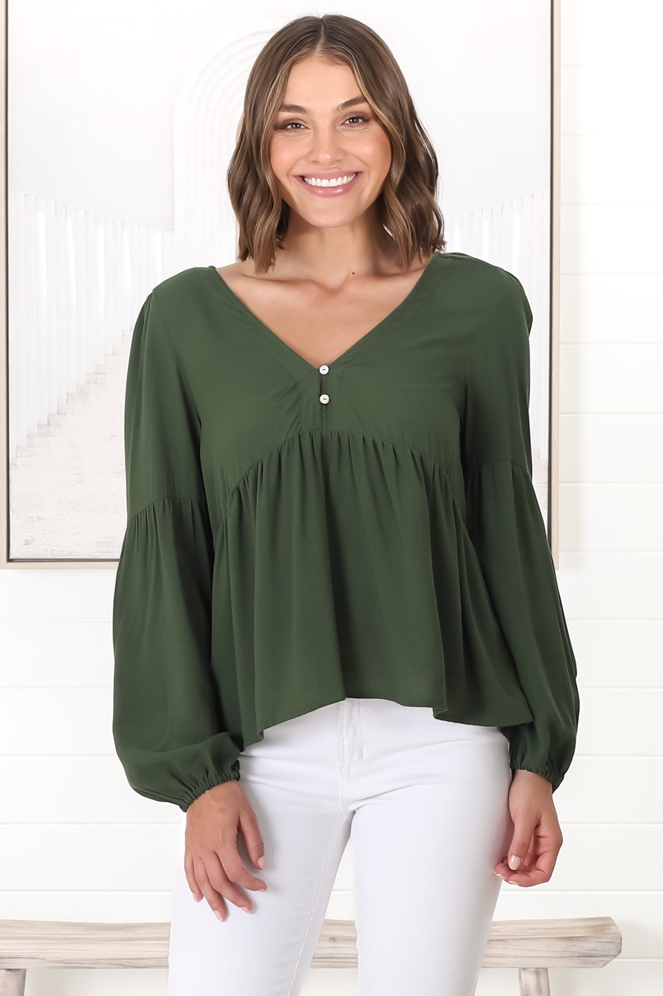 Grace Top - V-Neck Button Decal Long Sleeve Smock Top in Olive