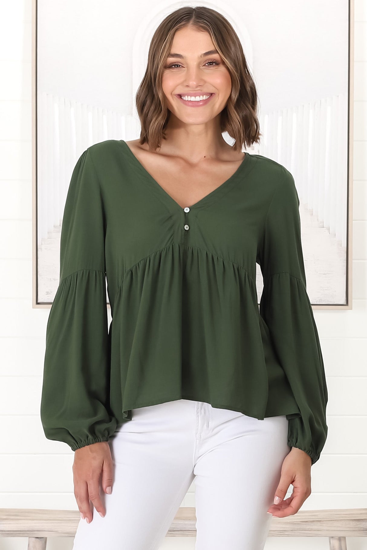 Grace Top - V-Neck Button Decal Long Sleeve Smock Top in Olive