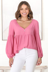 Grace Top - V-Neck Button Decal Long Sleeve Smock Top in Pink