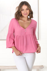 Grace Top - V-Neck Button Decal Long Sleeve Smock Top in Pink