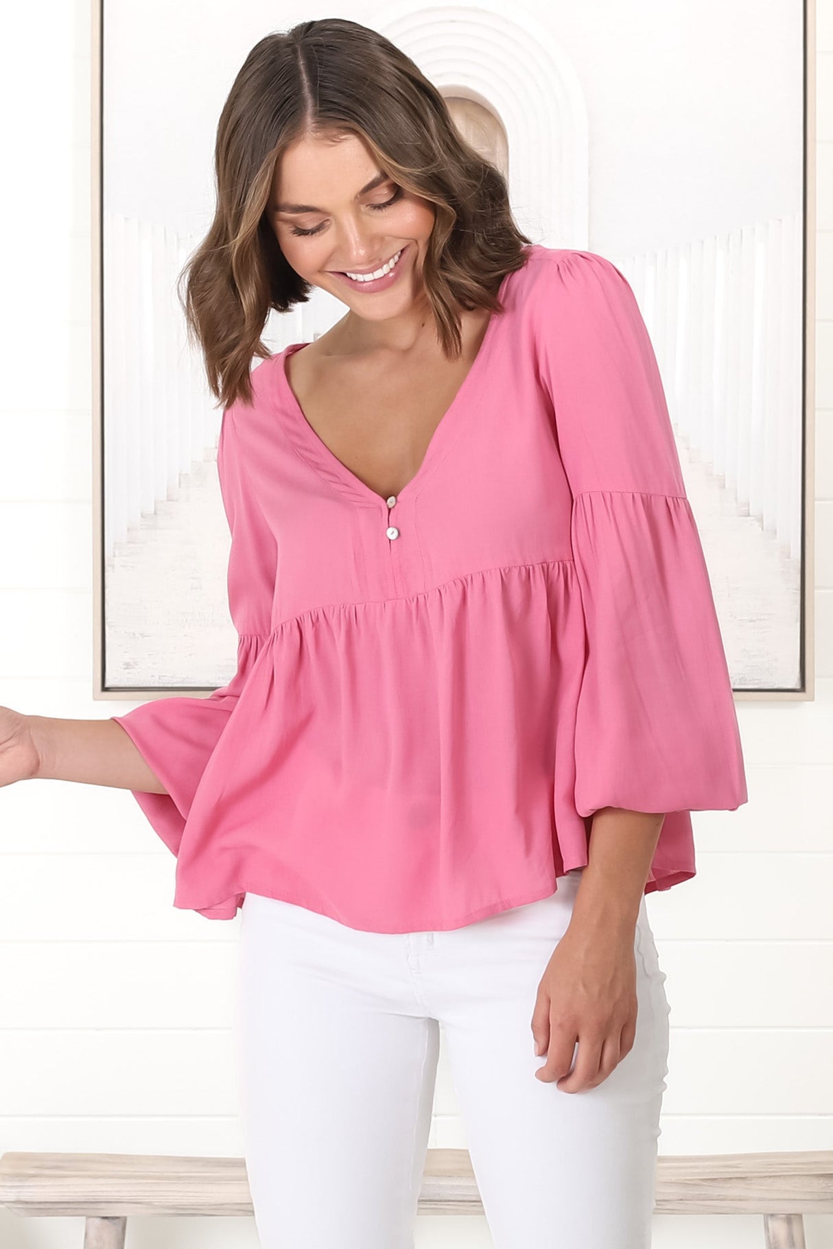 Grace Top - V-Neck Button Decal Long Sleeve Smock Top in Pink