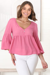 Grace Top - V-Neck Button Decal Long Sleeve Smock Top in Pink