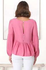 Grace Top - V-Neck Button Decal Long Sleeve Smock Top in Pink