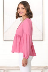 Grace Top - V-Neck Button Decal Long Sleeve Smock Top in Pink