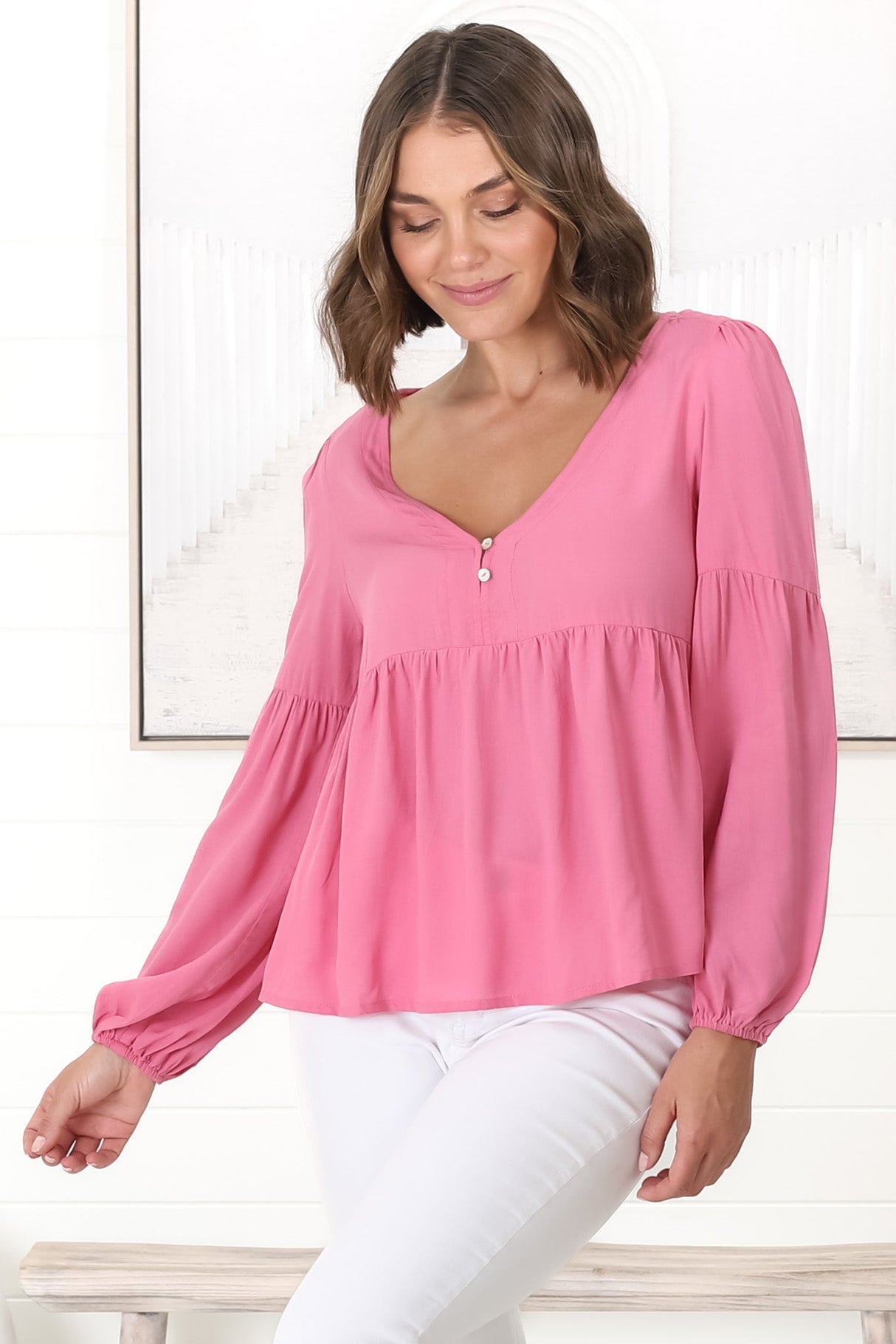 Grace Top - V-Neck Button Decal Long Sleeve Smock Top in Pink