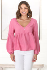 Grace Top - V-Neck Button Decal Long Sleeve Smock Top in Pink