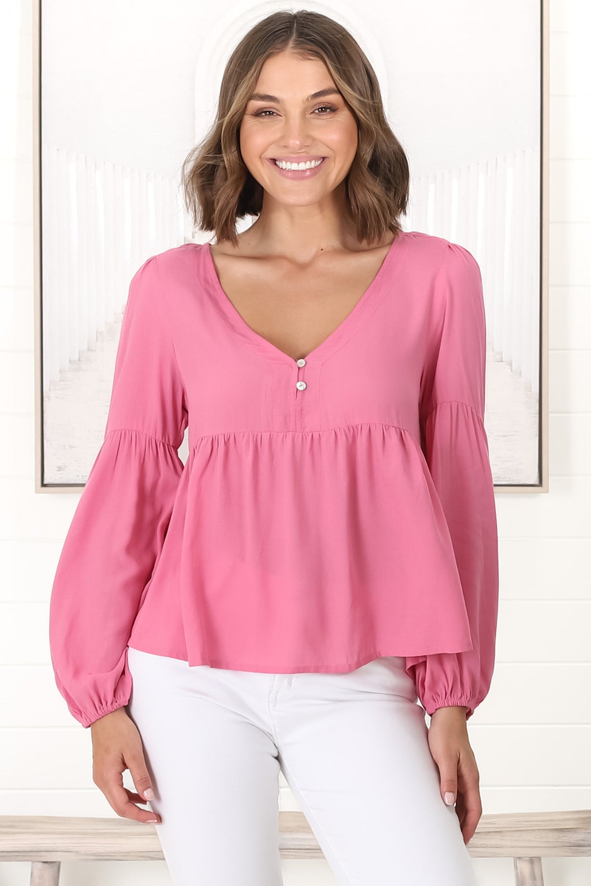 Grace Top - V-Neck Button Decal Long Sleeve Smock Top in Pink