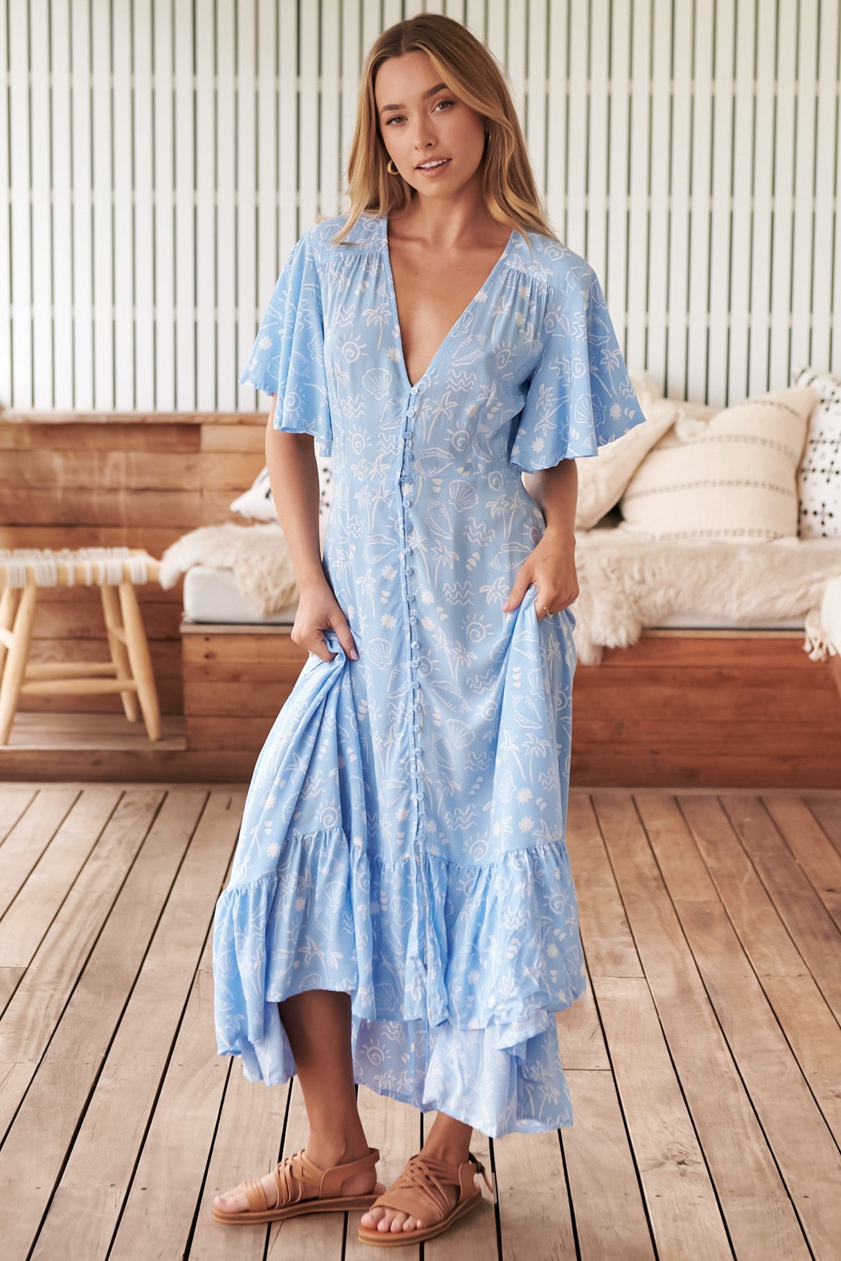 JAASE - Gracie Maxi Dress: Deep V Neck Button Down Dress with Handkercheif Hem in Seashell Cove Print