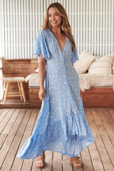 JAASE - Gracie Maxi Dress: Deep V Neck Button Down Dress with Handkercheif Hem in Seashell Cove Print