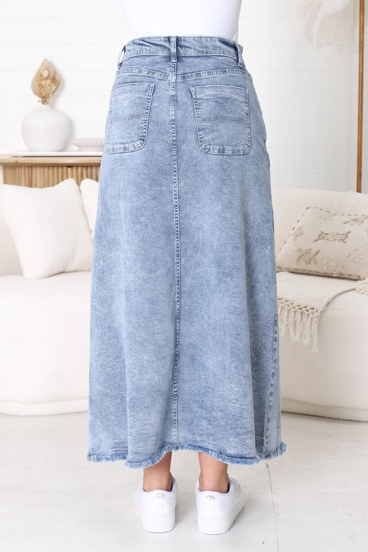 Granger Denim Maxi Skirt - High Waist Stretchy A-Line Skirt in Blue Denim