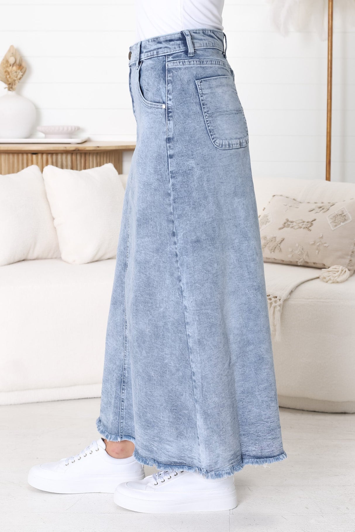 Granger Denim Maxi Skirt - High Waist Stretchy A-Line Skirt in Blue Denim