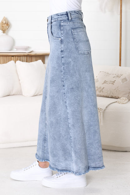 Granger Denim Maxi Skirt - High Waist Stretchy A-Line Skirt in Blue Denim
