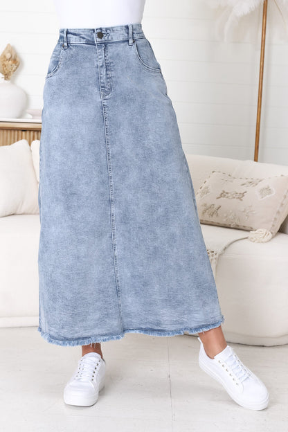 Granger Denim Maxi Skirt - High Waist Stretchy A-Line Skirt in Blue Denim