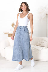 Granger Denim Maxi Skirt - High Waist Stretchy A-Line Skirt in Blue Denim