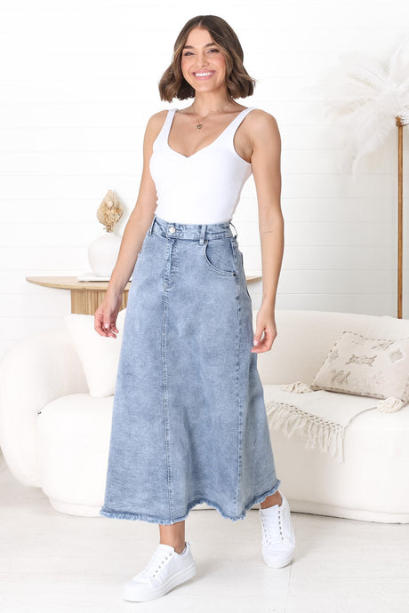 Granger Denim Maxi Skirt - High Waist Stretchy A-Line Skirt in Blue Denim