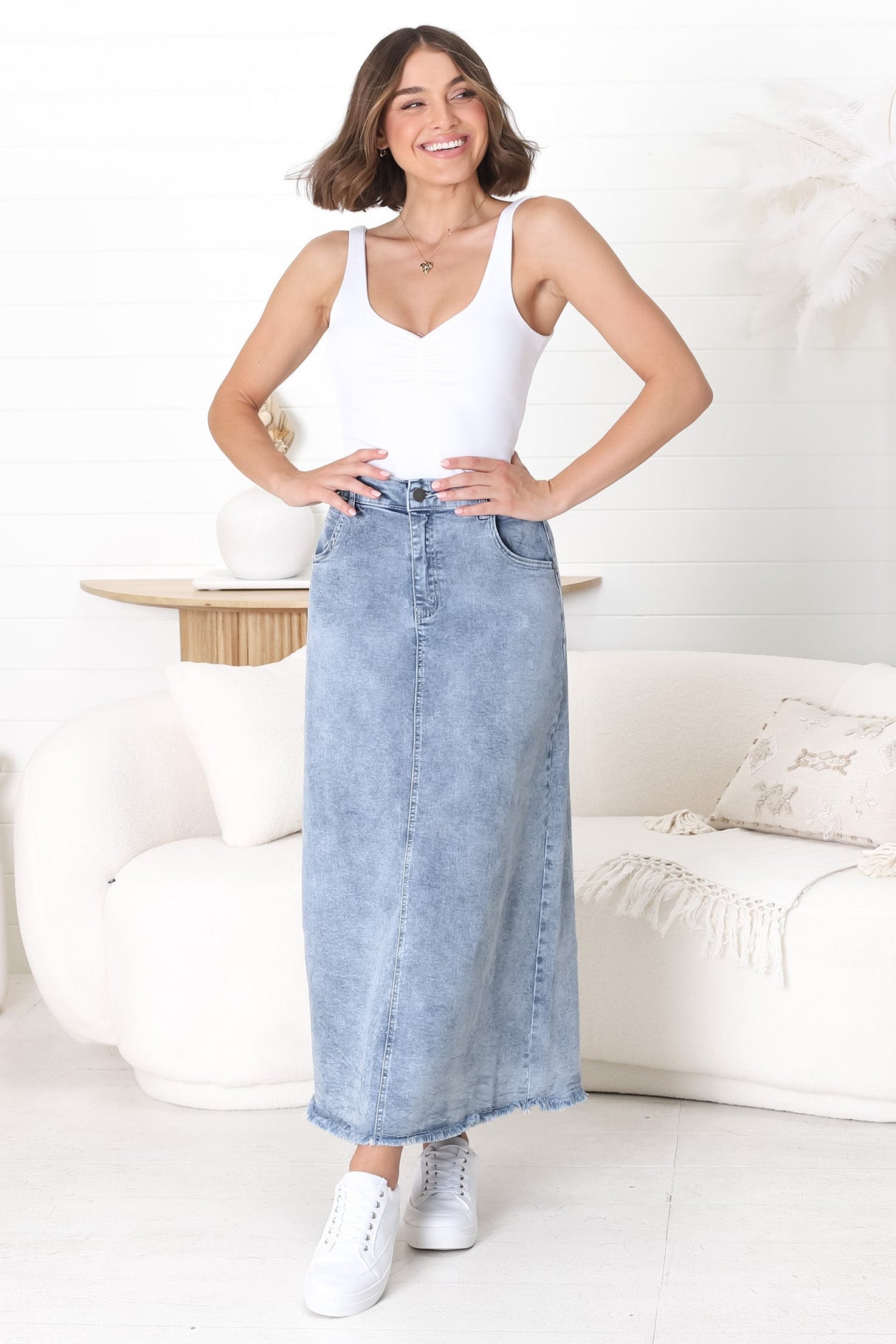 Granger Denim Maxi Skirt - High Waist Stretchy A-Line Skirt in Blue Denim