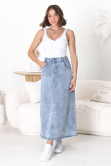 Granger Denim Maxi Skirt - High Waist Stretchy A-Line Skirt in Blue Denim