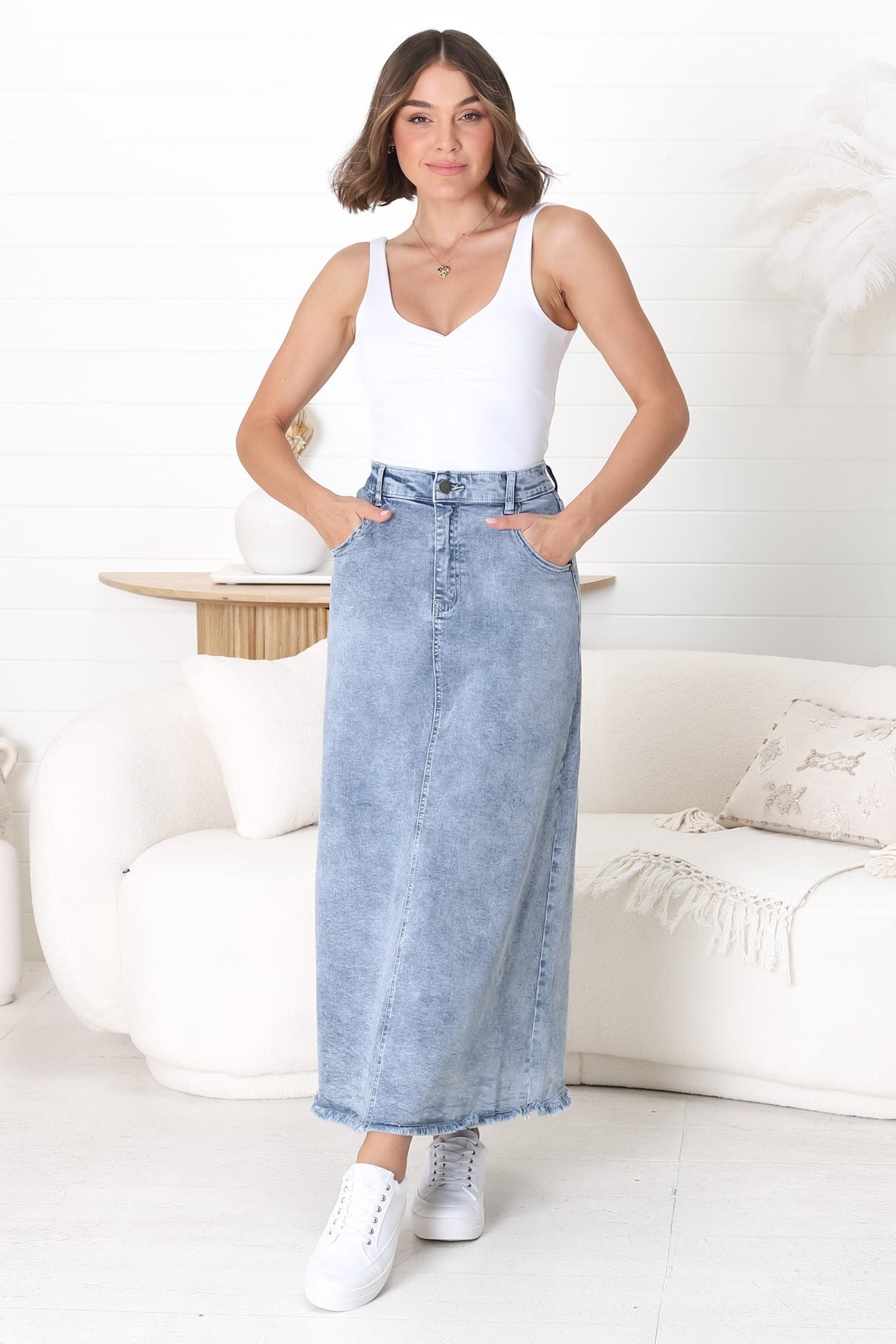 Granger Denim Maxi Skirt - High Waist Stretchy A-Line Skirt in Blue Denim