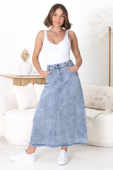 Granger Denim Maxi Skirt - High Waist Stretchy A-Line Skirt in Blue Denim