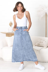 Granger Denim Maxi Skirt - High Waist Stretchy A-Line Skirt in Blue Denim