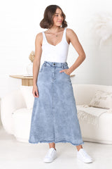 Granger Denim Maxi Skirt - High Waist Stretchy A-Line Skirt in Blue Denim