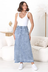 Granger Denim Maxi Skirt - High Waist Stretchy A-Line Skirt in Blue Denim