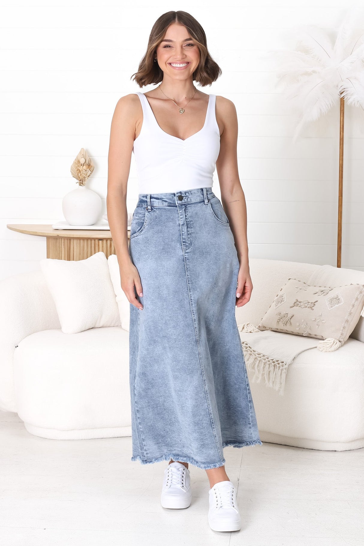 Granger Denim Maxi Skirt - High Waist Stretchy A-Line Skirt in Blue Denim