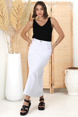 Granger Denim Maxi Skirt - High Waist Stretchy A-Line Skirt in White