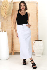 Granger Denim Maxi Skirt - High Waist Stretchy A-Line Skirt in White