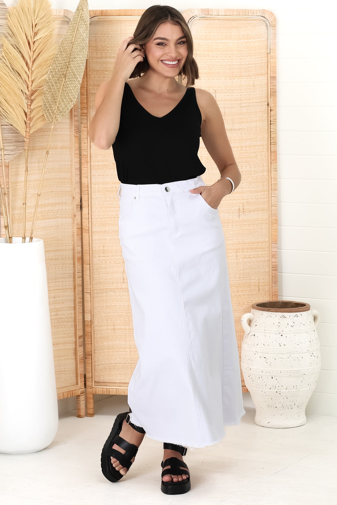 Granger Denim Maxi Skirt - High Waist Stretchy A-Line Skirt in White
