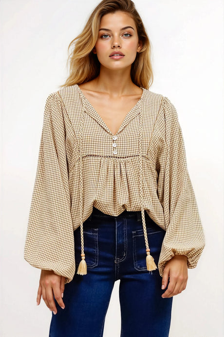 Graya Top - Gingham Ladder Lace Detailed Pull Over with Balloon Sleeves in Echo Print Beige