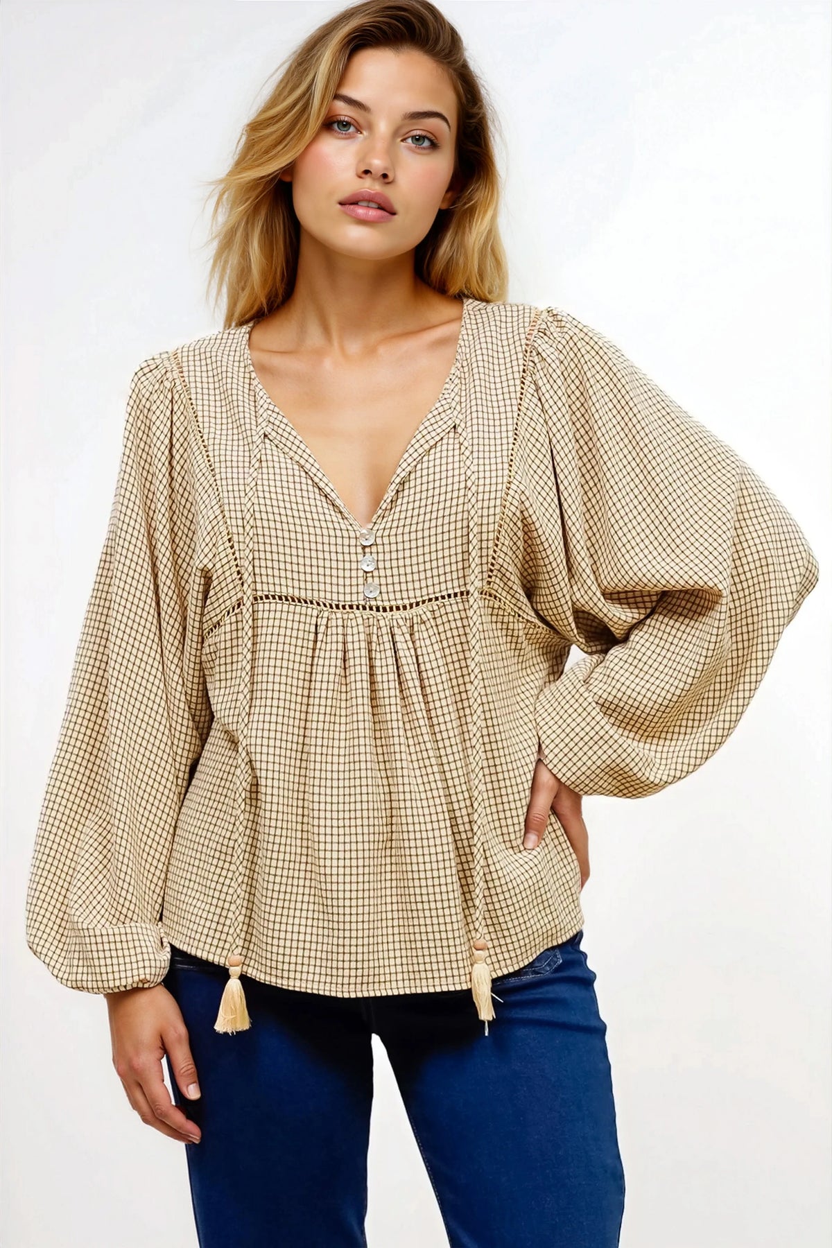 Graya Top Gingham Ladder Lace Detailed Pull Over Balloon Sleeves Echo Print