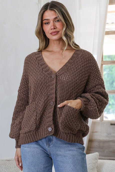 Model wearing Grayson Cardigan in Coffee from Salty Crush