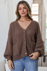 Grayson Cardigan - V-Neck Button Front Knit with Pockets and Balloon Sleeves in Coffee