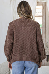 Grayson Cardigan - V-Neck Button Front Knit with Pockets and Balloon Sleeves in Coffee