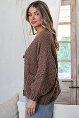 Grayson Cardigan - V-Neck Button Front Knit with Pockets and Balloon Sleeves in Coffee
