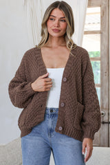 Grayson Cardigan - V-Neck Button Front Knit with Pockets and Balloon Sleeves in Coffee