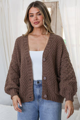 Grayson Cardigan - V-Neck Button Front Knit with Pockets and Balloon Sleeves in Coffee