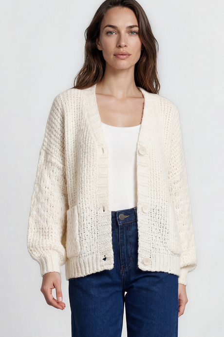 Model wearing Grayson Cardigan in  Cream from Salty Crush