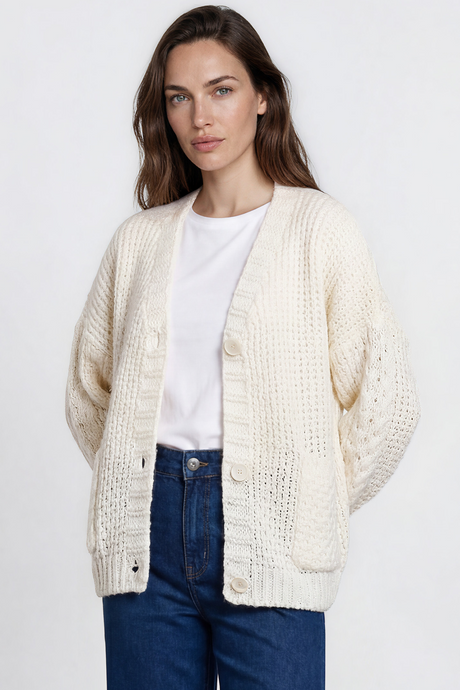 Model wearing Grayson Cardigan in  Cream from Salty Crush
