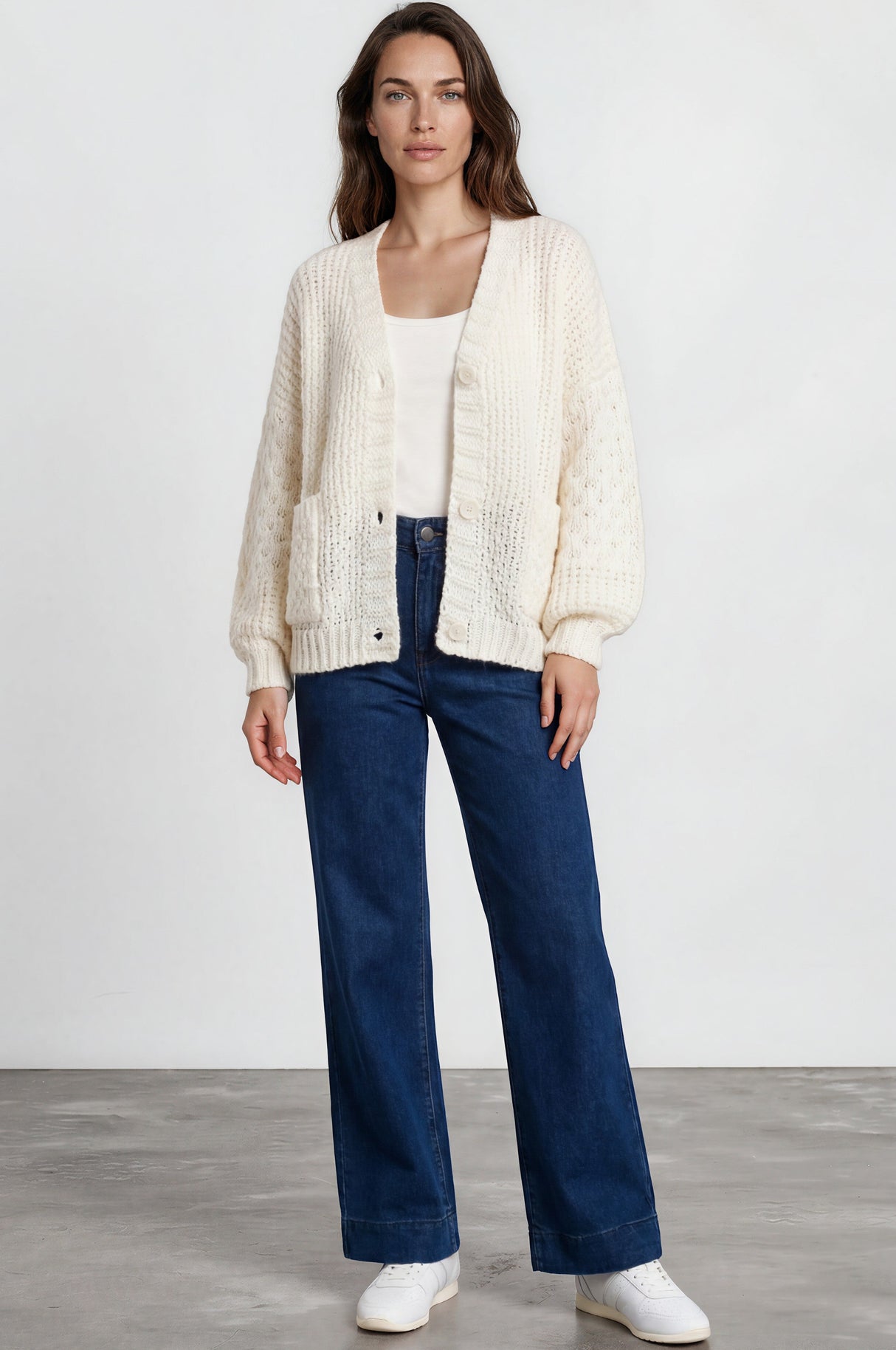 Model wearing Grayson Cardigan in  Cream from Salty Crush
