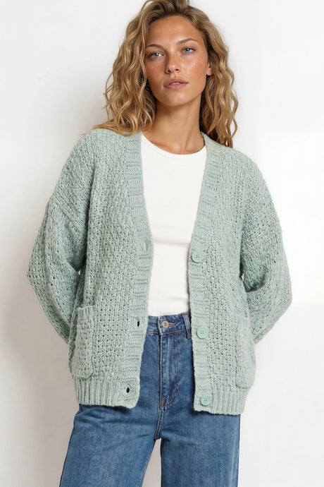 Model wearing Grayson Cardigan in  Sage from Salty Crush
